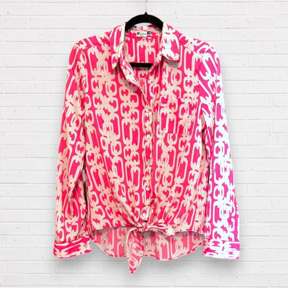 KUT FROM THE KLOTH Bright Pink Ivory Waist Tie Geometric Link Blouse Size L